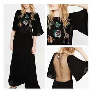 ZARA Rare Animal Embroidered Beaded Maxi Dress Zebra Tiger Bird Giraffe M